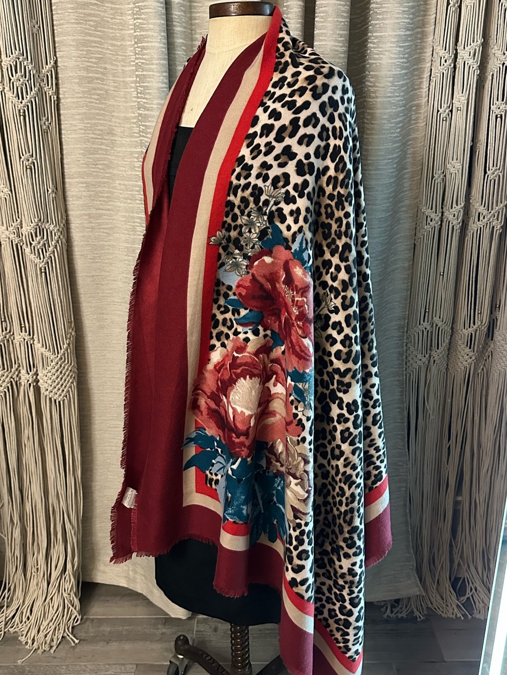 Chico’s Leopard Floral Oversized Wrap Scarf Shawl Burgundy Red Boho Luxe